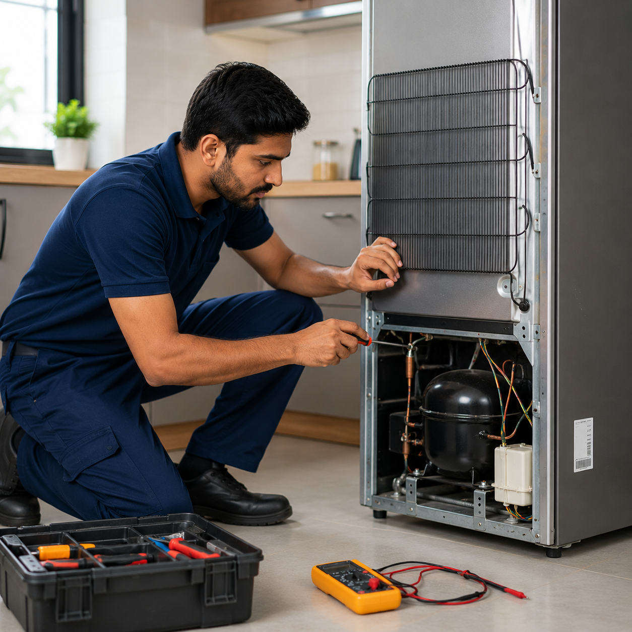 Technician repairing refrigerator cooling system